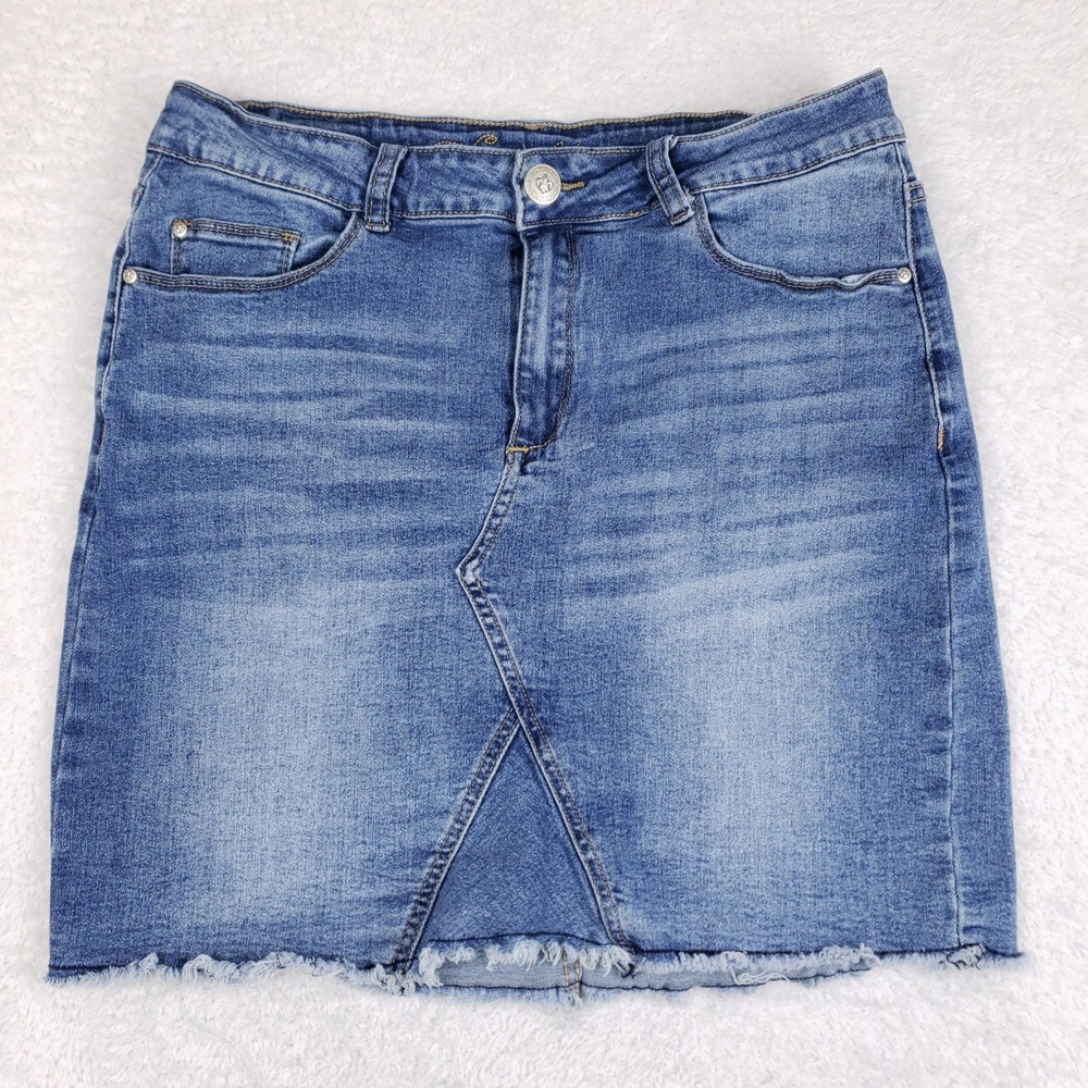 Wired Heart Medium Wash Denim Mini Skirt Raw Hem Size 28